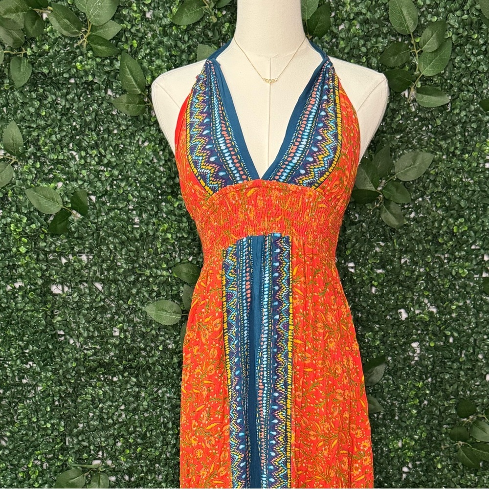 Orange and Blue Patterned Bohemian Maxi Dress - Picture 2 of 9